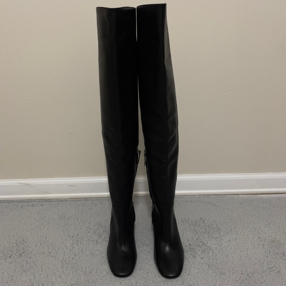 ZARA BLACK LEATHER OVER THE KNEE BOOTS ZIP & BLOCK HEEL Size US-7 / EU 37 - Picture 2 of 16
